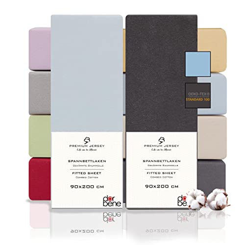 DarBene Spannbettlaken 90x200 Premium 2er Set Color-Mix, Jersey 100% gekämmte Premium Baumwolle, atmungsaktiv, superweiches Bettlaken bis 30 cm Matratzenhöhe, Oeko-TEX, Anthrazit & Hellblau von DarBene