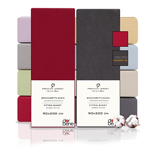 DarBene Spannbettlaken 90x200 Premium 2er Set Color-Mix, Jersey 100% gekämmte Premium Baumwolle, atmungsaktiv, superweiches Bettlaken bis 30 cm Matratzenhöhe, Oeko-TEX, Anthrazit & Rot von DarBene