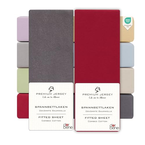 DarBene Spannbettlaken 90x200 Premium 2er Set Color-Mix, Jersey 100% gekämmte Premium Baumwolle, atmungsaktiv, superweiches Bettlaken bis 30 cm Matratzenhöhe, Oeko-TEX, Anthrazit & Rot von DarBene