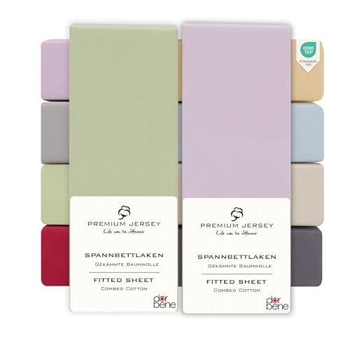 DarBene Spannbettlaken 90x200 Premium 2er Set Color-Mix, Jersey 100% gekämmte Premium Baumwolle, atmungsaktiv, superweiches Bettlaken bis 30 cm Matratzenhöhe, Oeko-TEX, Apfelgrün & Flieder hell von DarBene