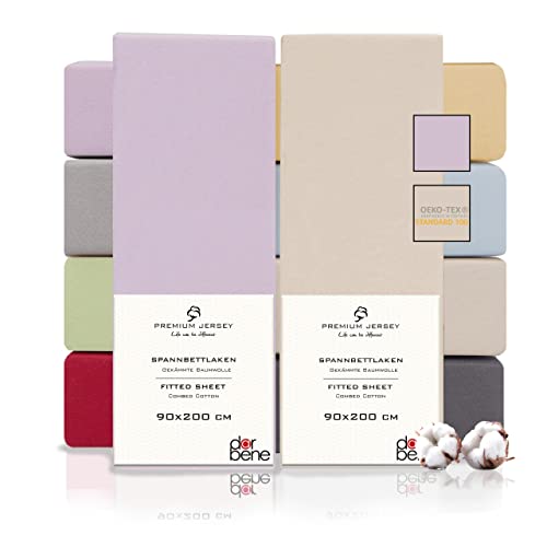 DarBene Spannbettlaken 90x200 Premium 2er Set Color-Mix, Jersey 100% gekämmte Premium Baumwolle, atmungsaktiv, superweiches Bettlaken bis 30 cm Matratzenhöhe, Oeko-TEX, Elfenbein & Flieder hell von DarBene