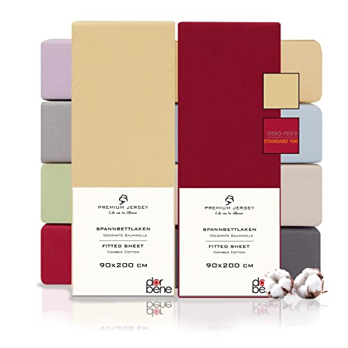 DarBene Spannbettlaken 90x200 Premium 2er Set Color-Mix, Jersey 100% gekämmte Premium Baumwolle, atmungsaktiv, superweiches Bettlaken bis 30 cm Matratzenhöhe, Oeko-TEX, Rot & Sand von DarBene