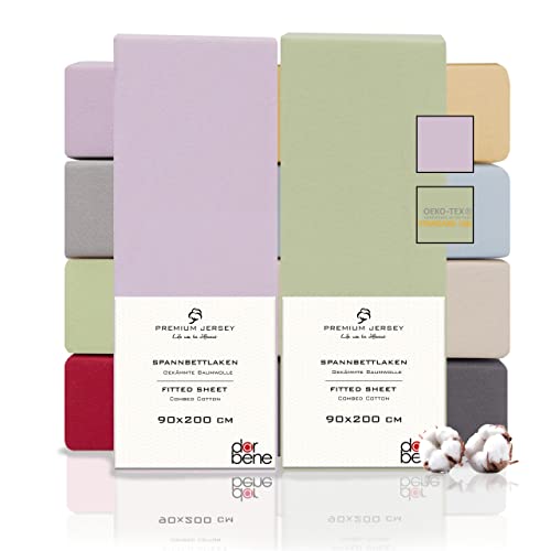 DarBene Spannbettlaken 90x200 Premium 2er Set Color-Mix, Jersey 100% gekämmte Premium Baumwolle, atmungsaktiv, superweiches Bettlaken bis 30 cm Matratzenhöhe, Oeko-TEX, Apfelgrün & Flieder hell von DarBene