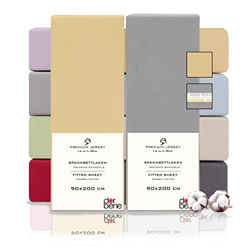 DarBene Spannbettlaken 90x200 Premium 2er Set Grau-Mix, Jersey 100% gekämmte Premium Baumwolle, Blickdicht, superweiches Bettlaken bis 30 cm Matratzenhöhe, Oeko-TEX, Sand & Hellgrau von DarBene