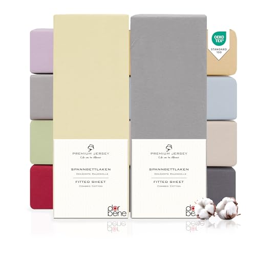 DarBene Spannbettlaken 90x200 Premium 2er Set Grau-Mix, Jersey 100% gekämmte Premium Baumwolle, atmungsaktiv, superweiches Bettlaken bis 30 cm Matratzenhöhe, Oeko-TEX, Elfenbein & Hellgrau von DarBene