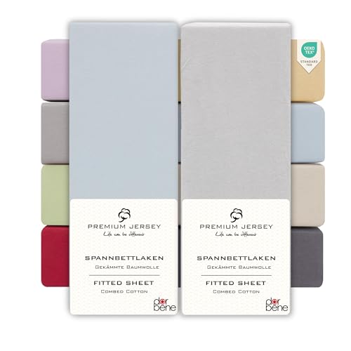 DarBene Spannbettlaken 90x200 Premium 2er Set Grau-Mix, Jersey 100% gekämmte Premium Baumwolle, atmungsaktiv, superweiches Bettlaken bis 30 cm Matratzenhöhe, Oeko-TEX, Hellblau & Hellgrau von DarBene