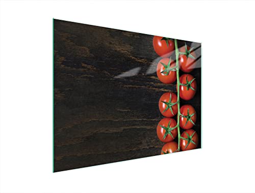 DarHaus Herdabdeckplatte 40x30 cm Einteilig Glas Elektroherd Induktion Herdschutz Spritzschutz Glasplatte Deko Schneidebrett, Holz Tomaten von DarHaus