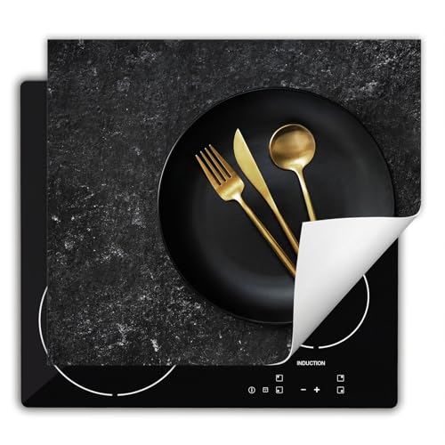 DarHaus Herdabdeckplatte Einteilig Küche Herdabdeckung Ceranfeld Herdabdeckplatten Anti Rutsch Matte Aufrollbar 60x52 cm, beton - gold - Besteck von DarHaus