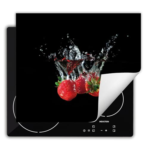 DarHaus Herdabdeckplatte Einteilig Küche Herdabdeckung Ceranfeld Herdabdeckplatten Anti Rutsch Matte Aufrollbar 60x52 cm, schwarz - Erdbeeren von DarHaus