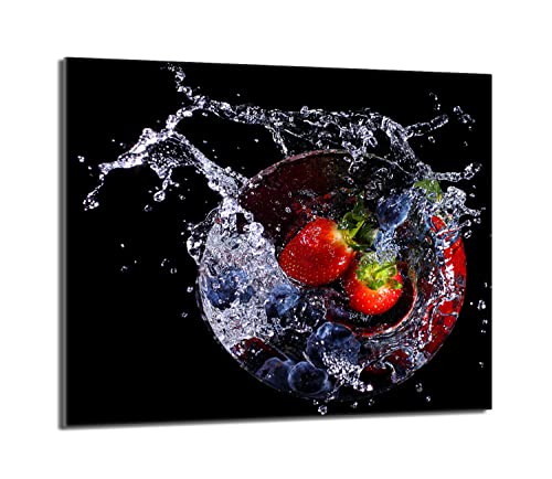 Herdabdeckplatte 60x52 Einteilig Glas Elektroherd Induktion Herdschutz Spritzschutz Glasplatte Deko Schneidebrett, Erdbeeren Schwarz von DarHaus