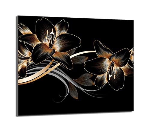 Herdabdeckplatte 60x52 Einteilig Glas Elektroherd Induktion Herdschutz Spritzschutz Glasplatte Deko Schneidebrett, Orchidee Schwarz von DarHaus