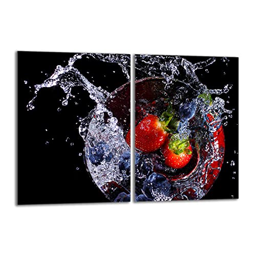 Herdabdeckplatten Set 2x40x52 cm Ceranfeld Abdeckung Glas Spritzschutz Abdeckplatte Glasplatte Herd Ceranfeldabdeckung Deko, Erdbeeren Schwarz von DarHaus