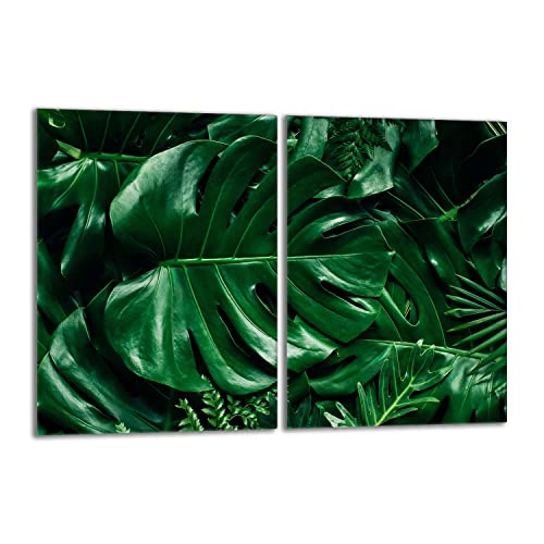 Herdabdeckplatten Set 2x40x52 cm Ceranfeld Abdeckung Glas Spritzschutz Abdeckplatte Glasplatte Herd Ceranfeldabdeckung Deko, Monstera Grün von DarHaus
