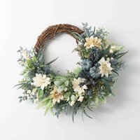 Herbst-Meeresbrise - Eukalyptus, Cremefarbene Dahlie & Verwitterter Kürbis-Aquamarin-Fallkranz An Der Küstentür von DarbyCreekTrading