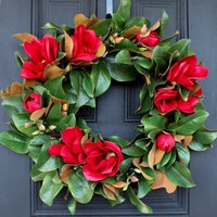 Weihnachtsrote Magnolie Real Touch Blatt Haustür Feiertagskranz von DarbyCreekTrading