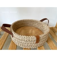 Bauernhaus Rundes Serviertablett Mit Griffen, Frühstück Im Bett, Couchtisch Wicker Tablett, Brotkorb Aus Holz, Natürliche Jute von DariaDecorNew