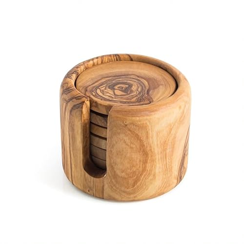 DARIDO Olivenholz Untersetzer 6er-Set mit Halter - Handgefertigt – ca. 8 cm – Weihnachten runde Holzscheiben - Tischuntersetzer - Topfuntersetzer Glas - Dekorative Holzuntersetzer von Darido