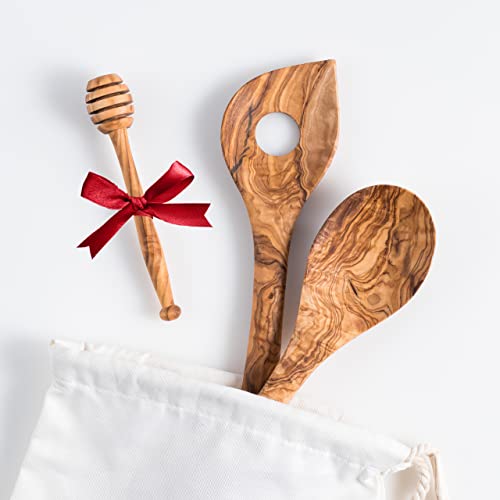 Darido Olivenholz Kochlöffel 2er Set mit extra Honigrührer - ca. 30 cm - handgefertigt - hitzefest und kratzfest - Küchenutensilien - Holzlöffel, Risottolöffel und Honigrührer von Darido