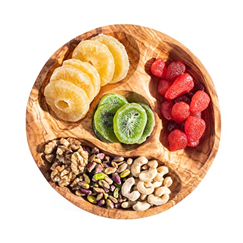 Snackteller aus Olivenholz - Runder Obstteller - Trockenobstteller - Servierplatte mit 4 Fächern von Darido. von Darido