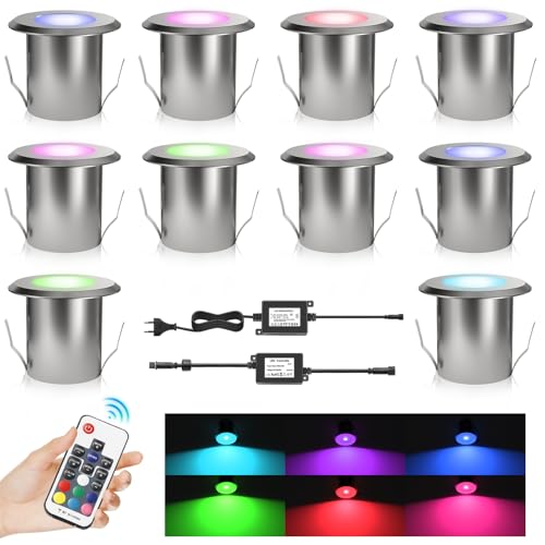 DarisingSun 10er LED Bodeneinbauleuchten, RGB Ø39mm 0,5W Aluminium LED Einbaustrahler mit Fernbedienung Dimmbar Farbwechsel, IP67 Wasserdicht Terrassenstrahler Licht Außen für Garten Gehweg Holzbrücke von DarisingSun