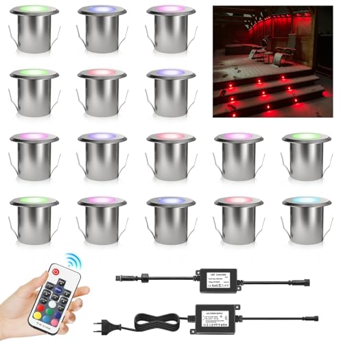 DarisingSun 16er RGB LED Einbaustrahler, IP67 wasserdicht Ø39mm 0,5W Aluminium LED Bodeneinbauleuchten mit Fernbedienung Dimmbar Farbwechsel-Beleuchtung für Küche Garten Gehweg, Innen-und Außenbereich von DarisingSun