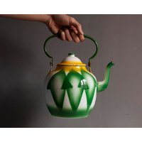 Vintage Emo Teekanne/Emaille Grüne Dose, Muster, Jugoslawien, Aus Jugoslawien von DarjaDarjuska
