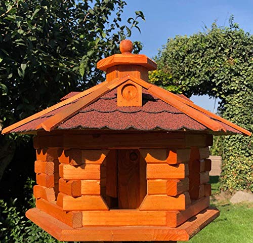 DARLUX handgefertigtes Sechseck Vogelhaus aus Holz wetterfest M - XXL mit und ohne Ständer, Futterhaus, Futterhäuschen (Größe L ohne Ständer, Rot - Braun) von DARLUX