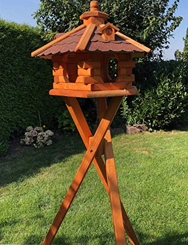 DARLUX handgefertigtes Sechseck Vogelhaus aus Holz wetterfest M - XXL mit und ohne Ständer, Futterhaus, Futterhäuschen (Größe L mit Ständer, Rot - Braun) von DARLUX