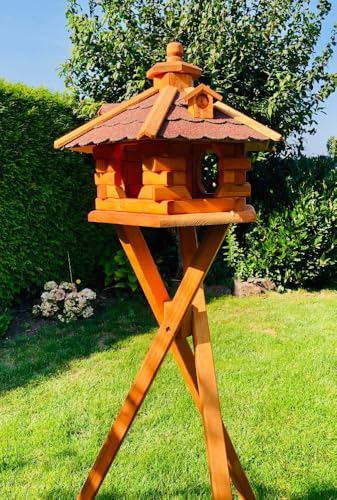 DARLUX handgefertigtes Sechseck Vogelhaus aus Holz wetterfest M - XXL mit und ohne Ständer I Futterhaus I Futterhäuschen I wetterfest I Bitumdach (Größe L mit Ständer, Rot - Braun) von DARLUX