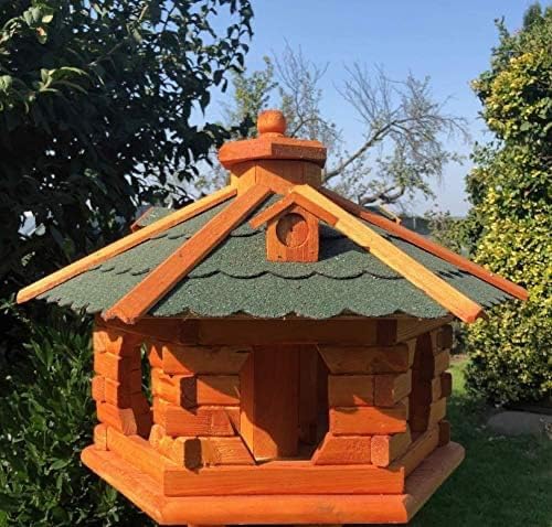 DARLUX handgefertigtes Sechseck Vogelhaus aus Holz wetterfest M - XXL mit und ohne Ständer, Futterhaus, Futterhäuschen (Größe XL ohne Ständer, Grün - Braun) von DARLUX