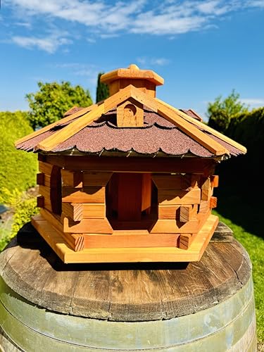 DARLUX handgefertigtes Sechseck Vogelhaus aus Holz wetterfest M - XL mit und ohne Ständer, Futterhaus, Futterhäuschen (Größe XL ohne Ständer, Rot - Braun) von DARLUX