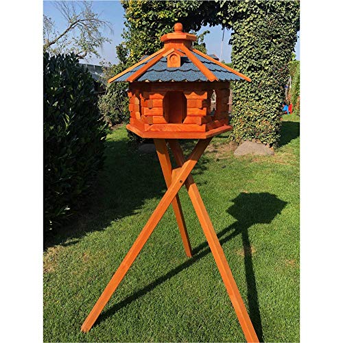 DARLUX Handgefertigtes Sechseck Vogelhaus aus Holz wetterfest M - XL mit und ohne Ständer I Futterhaus I Futterhäuschen I wetterfest I Bitumdach (Größe XL mit Ständer, Blau - Braun) von DARLUX