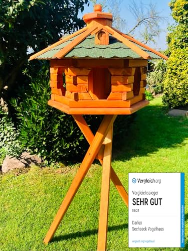 DARLUX Handgefertigtes Sechseck Vogelhaus aus Holz wetterfest M - XXL mit und ohne Ständer I Futterhaus I Futterhäuschen I wetterfest I Bitumdach (Größe XL mit Ständer, Grün - Braun) von DARLUX