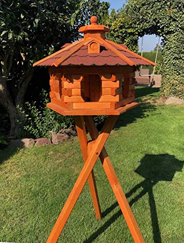 DARLUX handgefertigtes Sechseck Vogelhaus aus Holz wetterfest M - XXL mit und ohne Ständer, Futterhaus, Futterhäuschen (Größe XL mit Ständer, Rot - Braun) von DARLUX