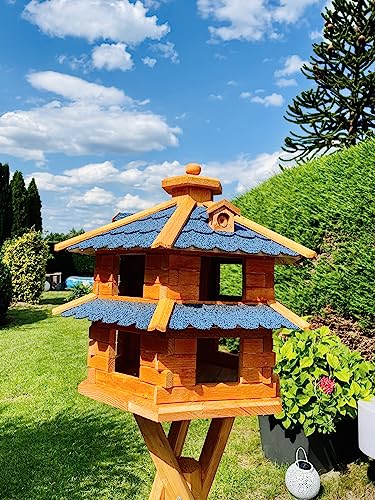 DARLUX Vogelvilla wetterfest von L bis XL Futterhaus Vogelhaus mit oder ohne Ständer in Braun mit Rot, Grün oder Blau für Garten und Balkon (Größe XL ohne Ständer, Blau - Braun) von DARLUX