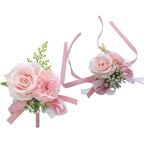 Darmlly 2-StüCk Handgelenk Corsagen Set mit Blumen Muster, KüNstliche Rose und Nelke Handgelenk Corsagen Set für Braut und BräUtigam (Rosa) von Darmlly