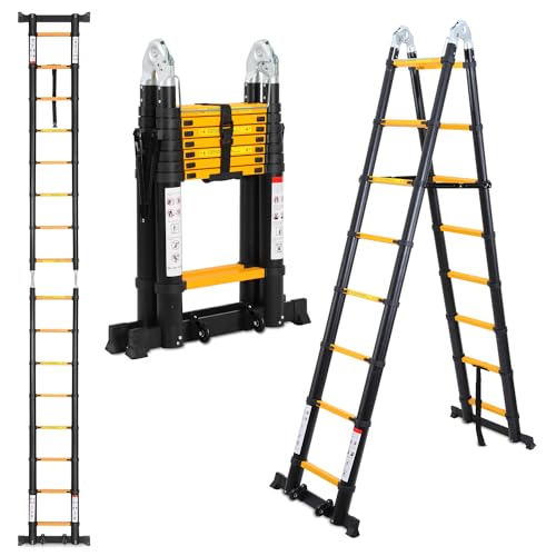 Daromigo Teleskopleiter Klappleiter 5M (2,5M+2,5M), 8+8 Stufen Ausziehbare Leiter, Multifunktionsleiter Rutschfester Aluleiter Stehleiter, Tragbar Aluminiumleiter mit Abnehmbarem 2 Rädern, schwarz von Daromigo