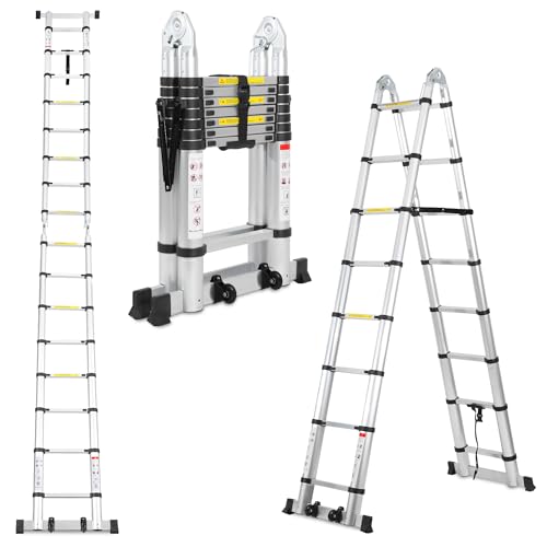 Daromigo Teleskopleiter Klappleiter 5M (2,5M+2,5M), 8+8 Stufen Ausziehbare Leiter, Multifunktionsleiter Rutschfester Aluleiter Stehleiter, Tragbar Aluminiumleiter mit Abnehmbarem 2 Rädern von Daromigo