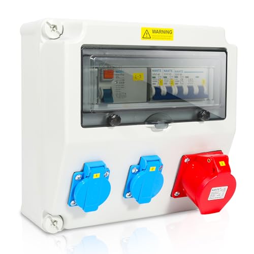 Daromigo Wandverteiler mit Leitungsschutzschalter 16A und Fi schalter, 2x16A 230V+1x16A 400V CEE 5 polig, Stromverteiler mit Sicherheitsklappdeckeln, Cee Verteiler IP44 von Daromigo