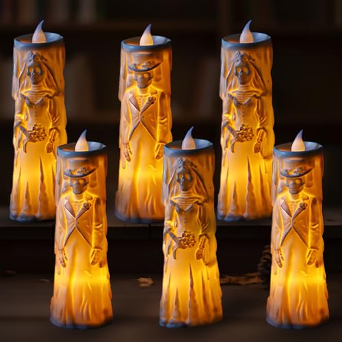 Darryy 6 Stück Halloween Led Kerzen, Skelett Braut und Bräutigam, Halloween Deko Kerzen, Batterien im Lieferumfang Enthalten, Perfekt für Dekorationen von Darryy