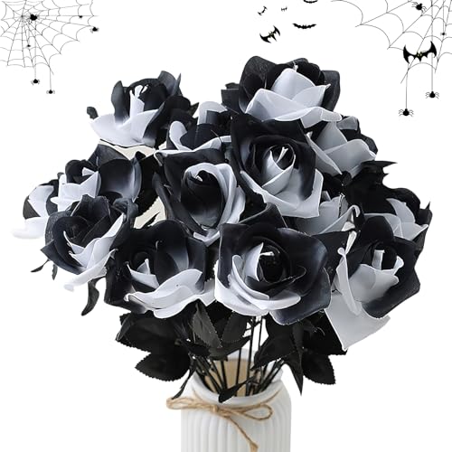Darryy Gothic Deko, Schwarze Rosen Künstlich Halloween Dekorationen, Schwarze Rosen, Tag der Toten Deko, Gothic Dekoration (10, Schwarz-Weiß) von Darryy
