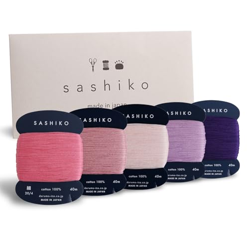 DARUMA Sashiko Garn, 100% Baumwolle, Kartentyp (43,7 m) x 5 Farben mit englischer Anleitung, Näh- und Stickerei-Set (dünn, Tefutefu) von Daruma