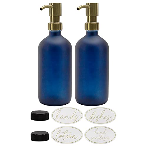 Darware 473 ml Glas-Pumpflaschen (2 Stück, Marineblau mit Gold); Seifenspender-Pumpflaschen mit gebürstetem Metall-Pumpverschluss von Darware