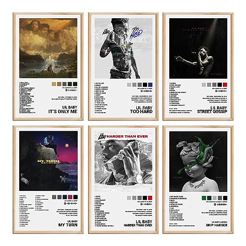 Lil Baby Poster Lil Baby Album Cover It's Only Me Poster My Turn Poster Too Hard Poster Drip Harder Poster, Wanddekoration, Kunstdruck, Poster für Zimmer, ästhetisch, 6er-Set, ungerahmt 22 x 30,5 cm von Darxan