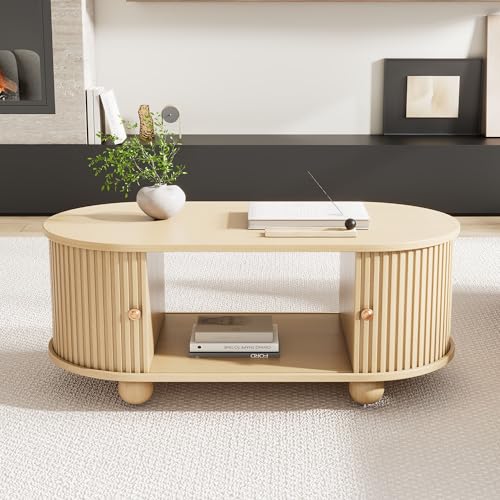 Darywell Ovaler Couchtisch mit Stauraum und Schiebetüren platzsparendes Multifunktionsmöbel in Holzfarben, 100x50x40cm von Darywell