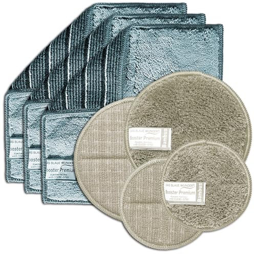 Das blaue Wunder Booster Premium Kombi Set I Reinigungs- und Spültücher + Pads I 7-teilig I Bambusfaser I Aktivkohle I 2 Seiten Reinigungspad für Küche, Bad, Auto, Garten von Das blaue Wunder
