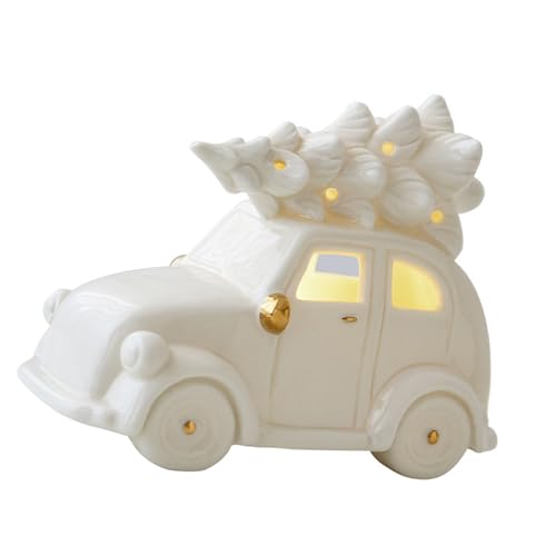 Keramik Schneemann Auto Weihnachtsbaum LED beleuchtet Ornament für Home Office Desktop Regal Urlaub Dekoration Festliche Tischdekoration von Dasbsug