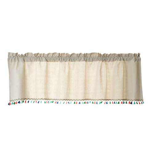 Kurzer Vorhang mit bunten Quasten für Bauernhaus-Dekor, atmungsaktiver Stoff, Stangentasche, halbtransparent, Querbehang, beigefarben, Küchenschrank-Vorhang von Dasbsug
