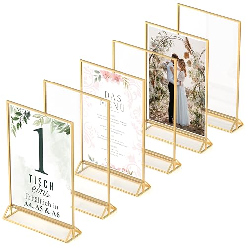 Goldener doppelseitiger Bilderrahmen - 6er-Pack - A4 Acryl Gold Tischkartenhalter, Aufsteller im Staffelei-Stil, Goldrahmen für Hochzeit Tischnummern, Speisekartenhalter, Fotorahmen (A4) von Dasher Products