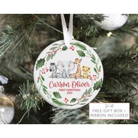 Safari Baby Erste Weihnachtsverzierung, Personalisierte Dschungel-Tierweihnachten, Feiertags-Baby-Verzierung von DashingFoxCo